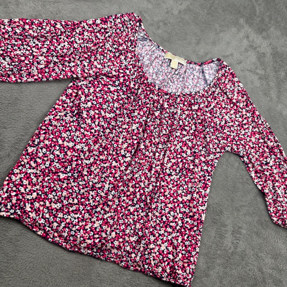 Michael Michael Kors Blouse Women L Pink Excellent Floral 3/4 Sleeve Bubble Hem